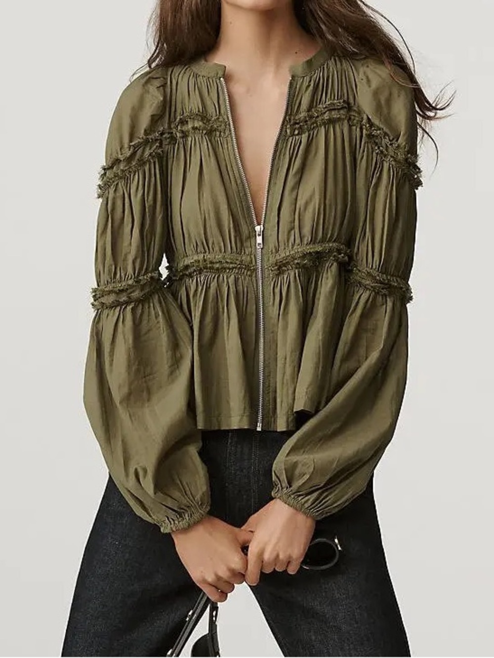 NWT Anthropologie Long Sleeve Puffy Zip Up Blouse In Moss Size XL